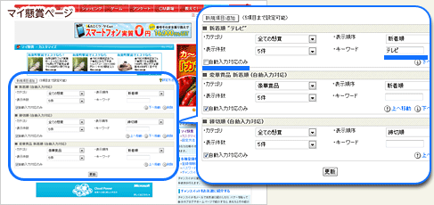 カスタマイズ画面でキーワードに「テレビ」を設定している図