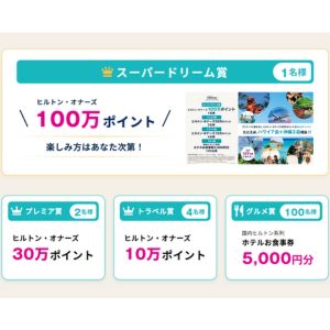 ヒルトンオナーズ100万ポイントやヒルトン系列ホテルお食事券5,000円分 他